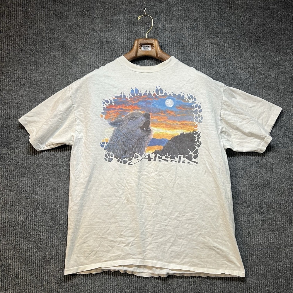Vintage Alaska Wolf Nature Graphic Shirt Men's XL White Single Stitch 90s